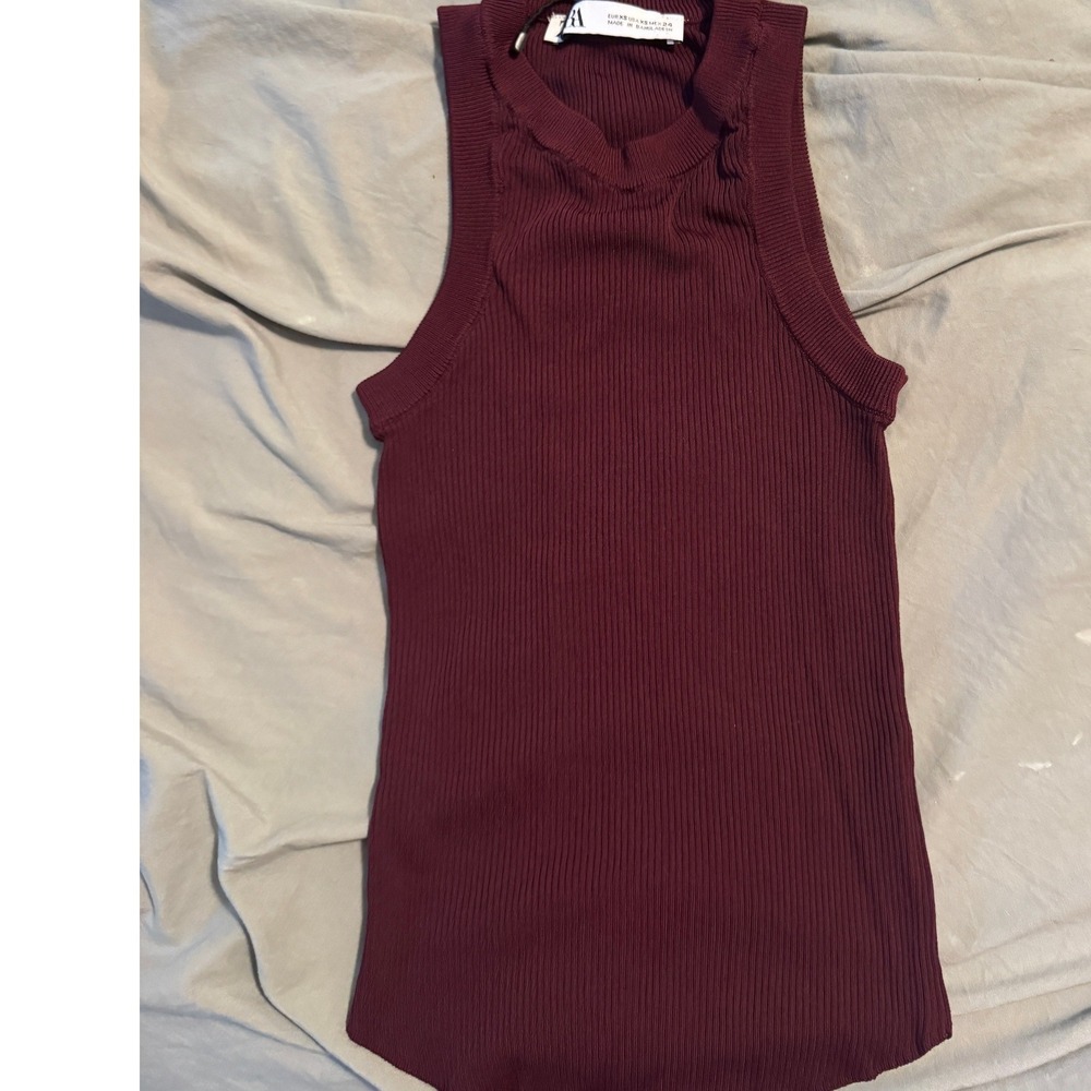 Zara Womens Burgundy Ribbed‎ Knit Sleeveless Tank Top High Neck XS